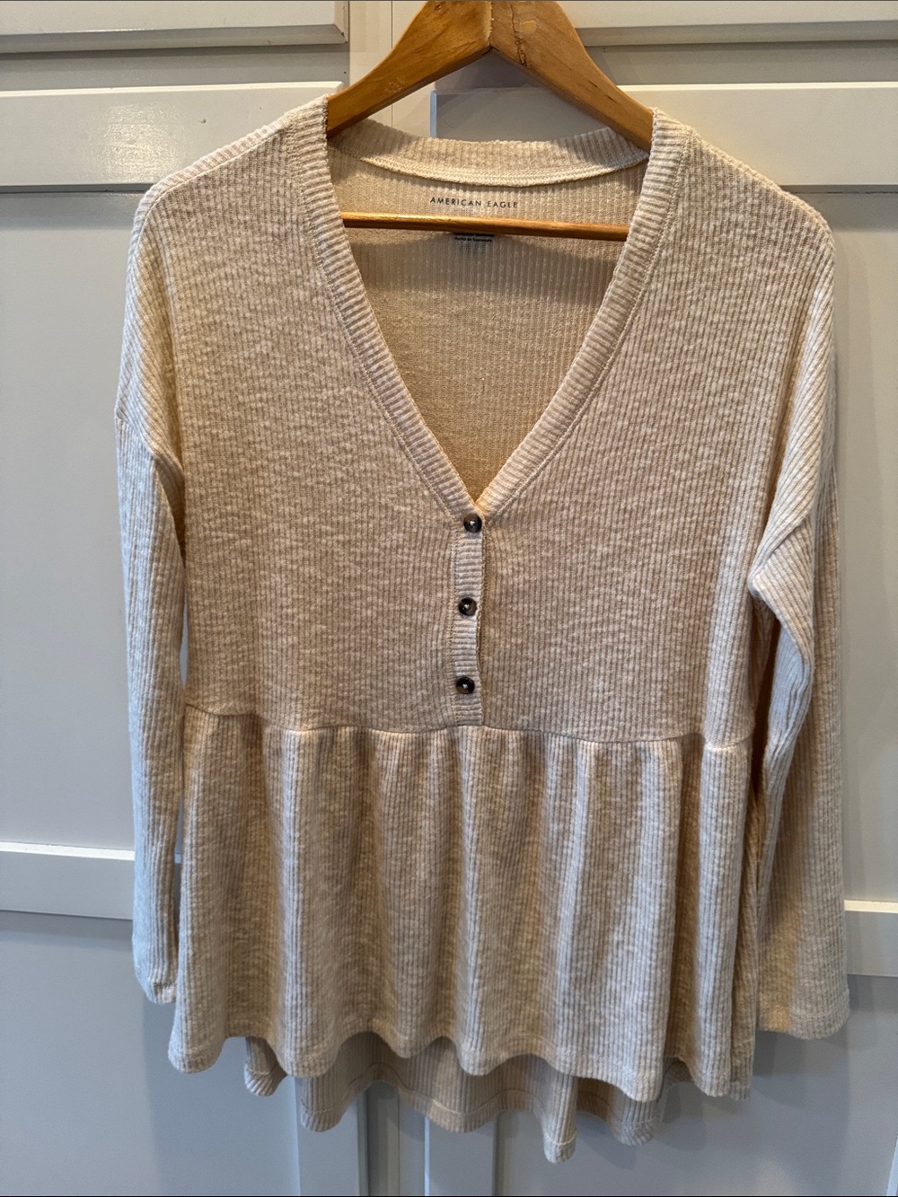 American Eagle Outfitters Beige Ribbed V-Neck Button Peplum Sweater
